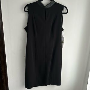 NWT Calvin Klein Black Sheath dress Size 14. Leather collar and gold back zip